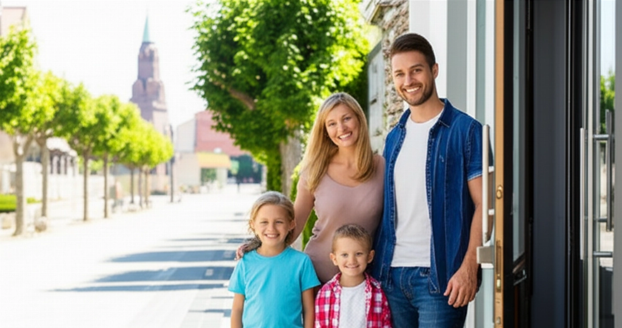 A happy Caucasian family smiles in front of their new home in a European city, with a partially open moving box.