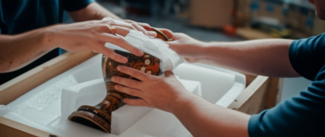 Caucasian professionals carefully packing a delicate antique vase into an international shipping crate.