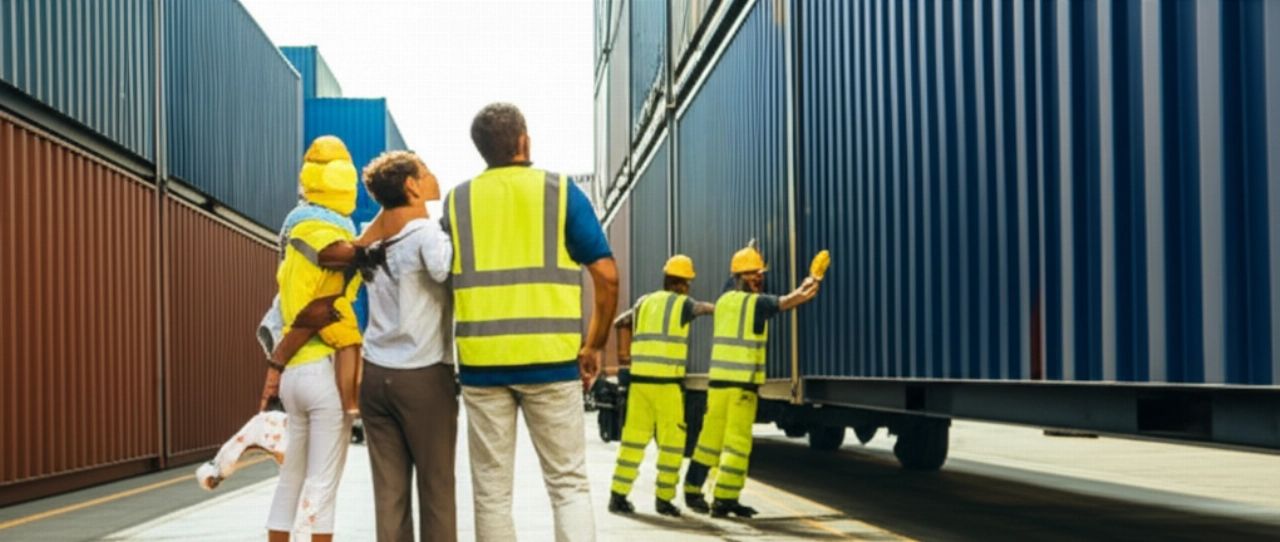 Caucasian family watches their container being loaded at an international port, highlighting the care taken in the relocation.