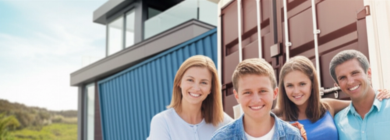 Happy Caucasian family as their container is unloaded at their new home abroad, symbolizing a new beginning.
