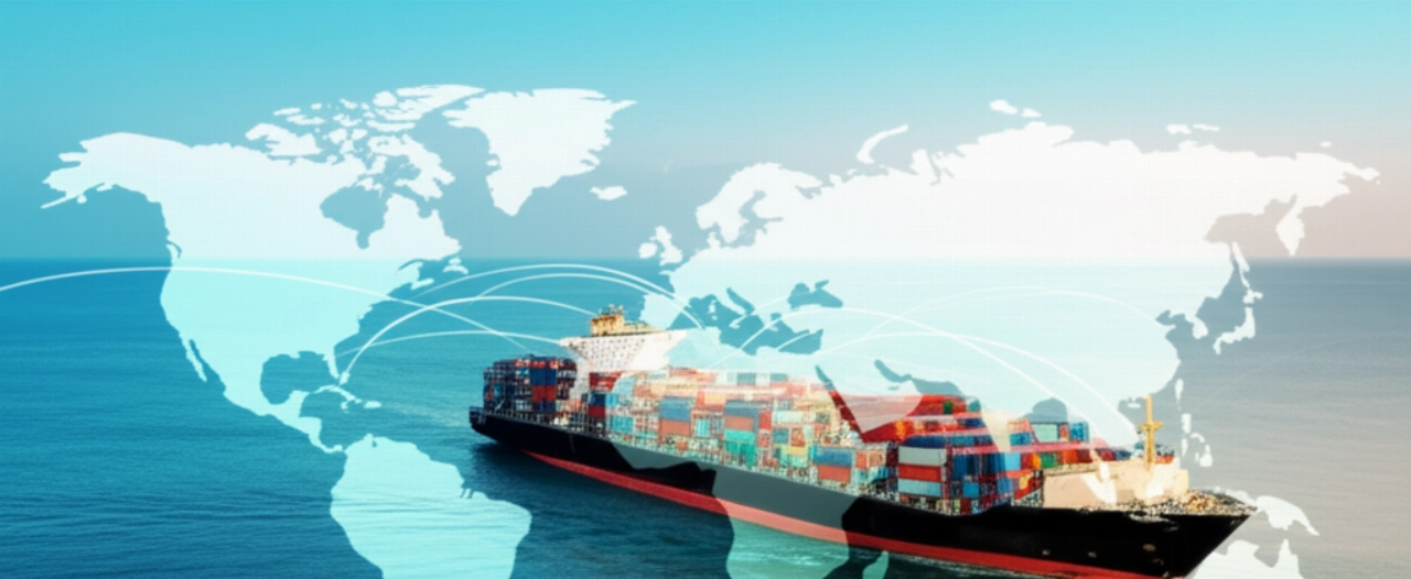 Cargo ship with containers crossing the ocean, with an overlaid world map showing an international route.