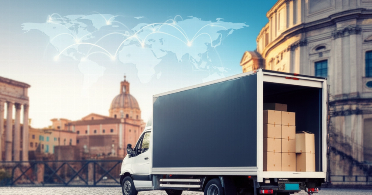Professional international moving truck parked on a historic Roman street, with a stylized world map symbolizing global reach.