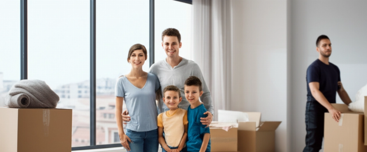 Happy and relaxed Caucasian family in a new home, with partially opened moving boxes, symbolizing a smooth start after an international relocation.