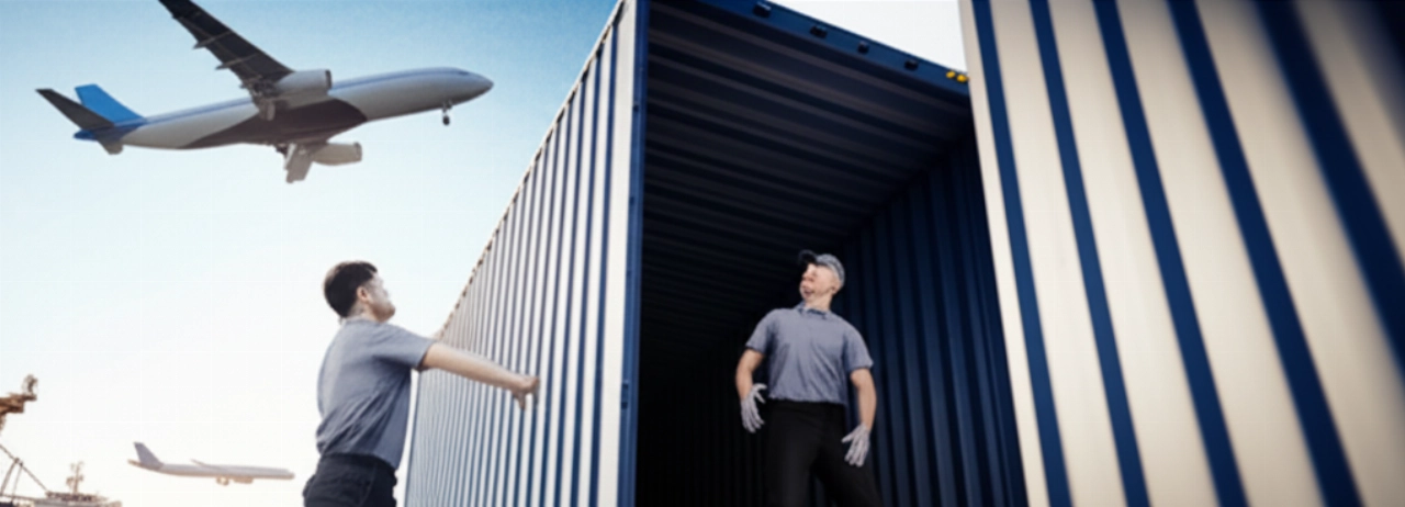 Professional Caucasian movers carefully load a container at an international port, symbolizing efficient and affordable international relocations.
