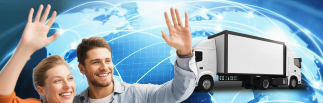 Global relocation concept: a moving truck on a stylized world map, with a smiling Caucasian couple waving, representing an affordable and stress-free international service.