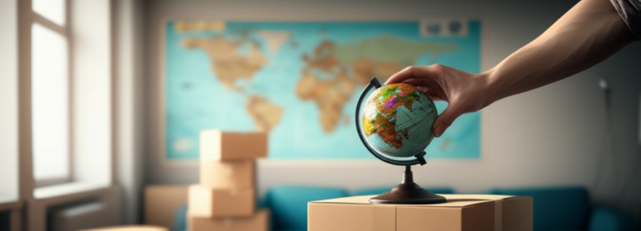 Hand placing a globe on moving boxes, with a world map in the background, evoking simple and organized international removals.