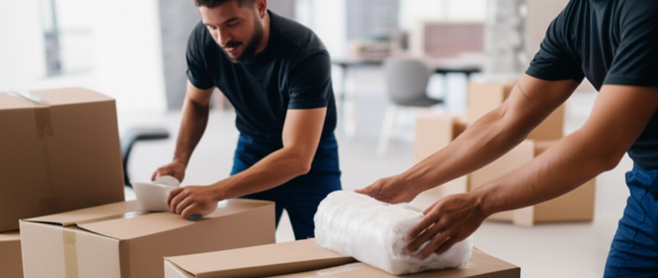 Two professional Caucasian movers carefully packing fragile items into sturdy boxes inside a modern house.