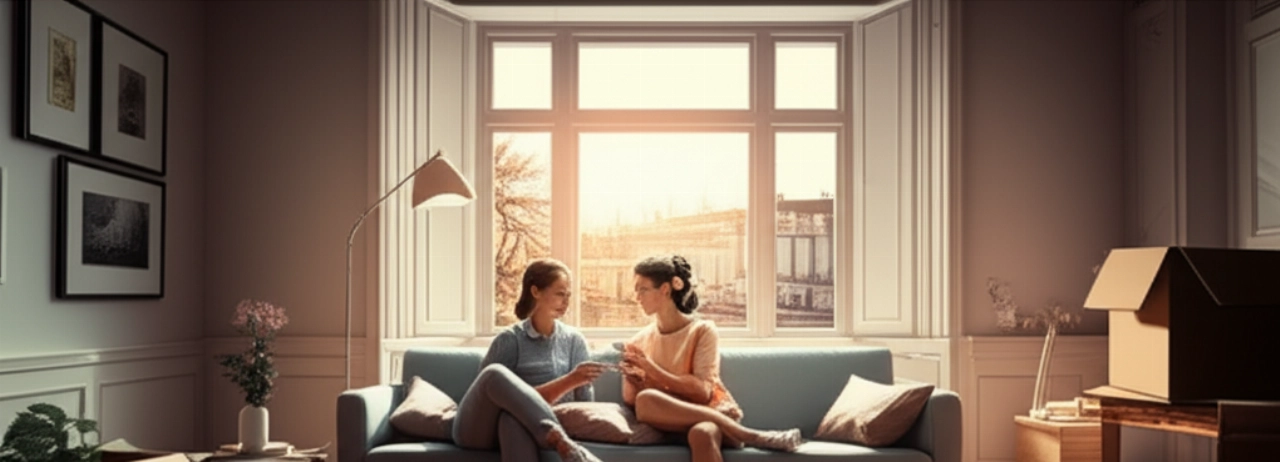 Relaxed Caucasian couple in a bright Portuguese living room with moving boxes, enjoying a moment of peace after the relocation.