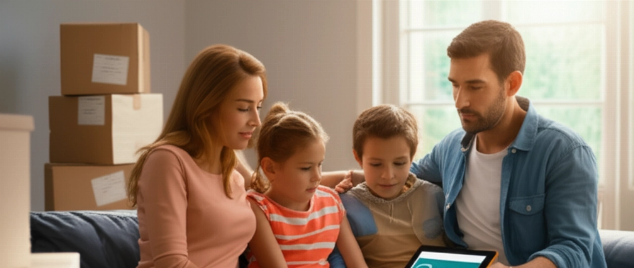 A Caucasian family in a modern living room consulting a tablet for international relocation quotes, with neatly stacked boxes in the background, symbolizing ease and transparency.