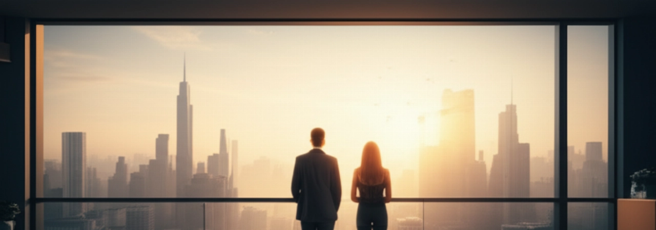 A Caucasian person on a balcony admiring a panoramic view of an international city at sunset, with luggage, evoking the feeling of a new beginning after a relocation.