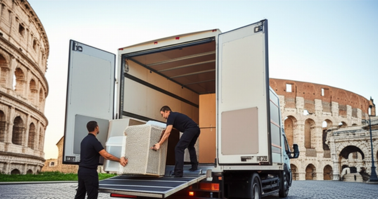 Modern international moving truck parked on a Roman street, with ancient architecture in the background, as Caucasian movers efficiently load goods.