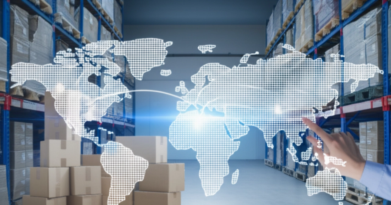 International moving boxes with labels from Rome in a warehouse, with a world map showing a global route, symbolizing international logistics.