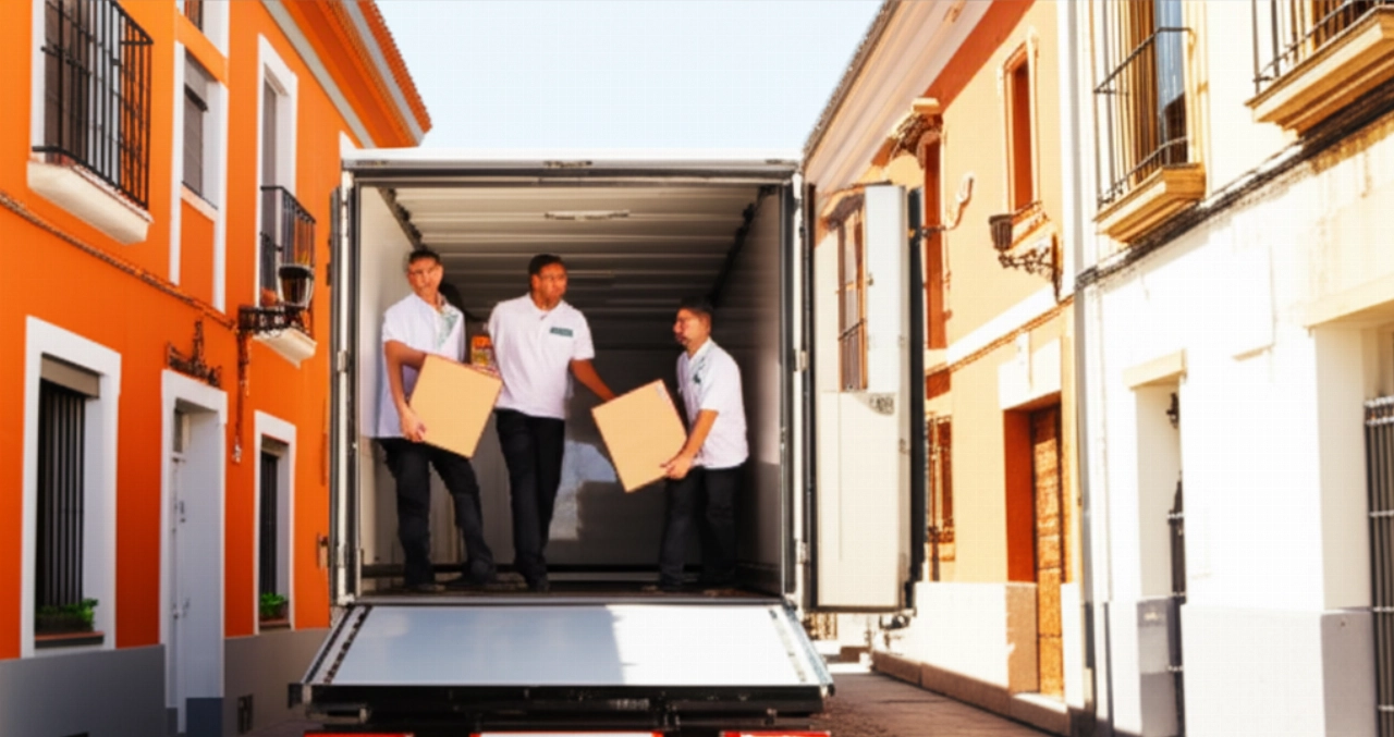 Caucasian professional movers loading a truck on a Spanish street, with traditional architecture.