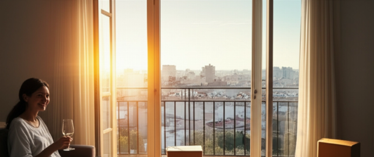 Caucasian woman relaxing in her new Spanish apartment after an international move, with a city view.