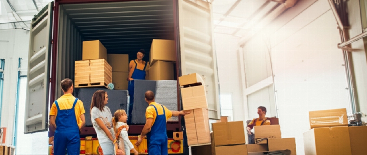A smiling Caucasian family watches movers load their belongings into a container in a port warehouse.