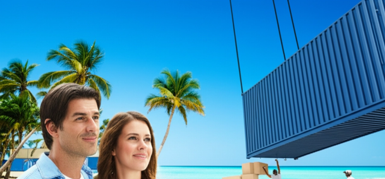A happy Caucasian couple watches a container being unloaded on a tropical beach, symbolizing a new beginning.
