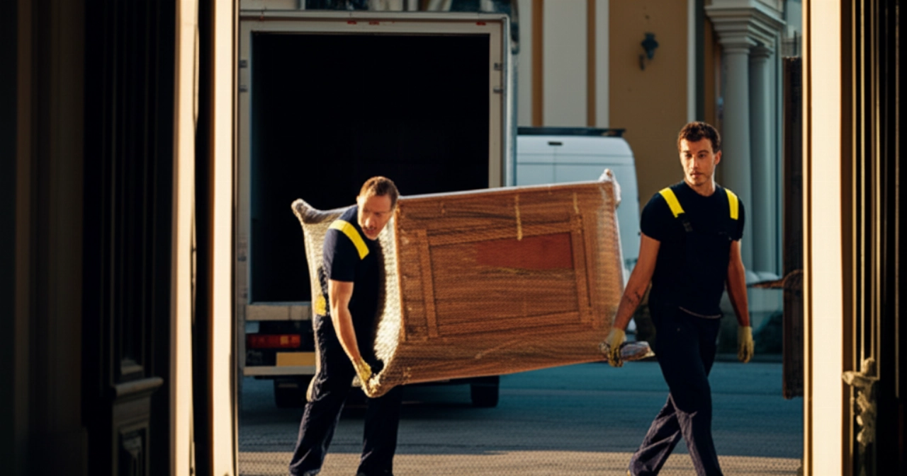 Professional Caucasian movers carefully loading valuable furniture from an Italian villa, symbolizing an international Italy-Europe relocation service.