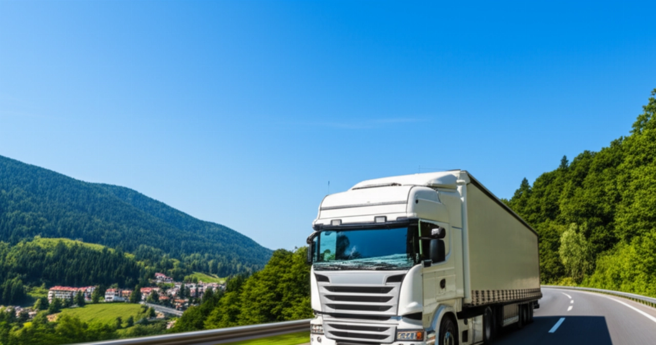 A large white moving truck travels on a European highway through a green and picturesque mountainous landscape, symbolizing an international journey.