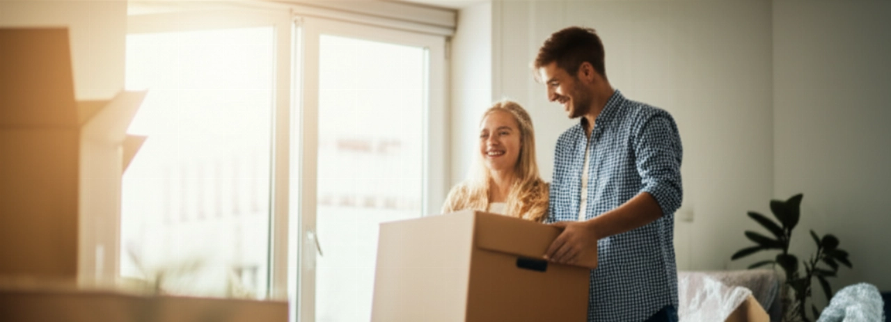 A happy Caucasian couple unpacks boxes in their new modern and bright home, with sunlight streaming in through a large window.