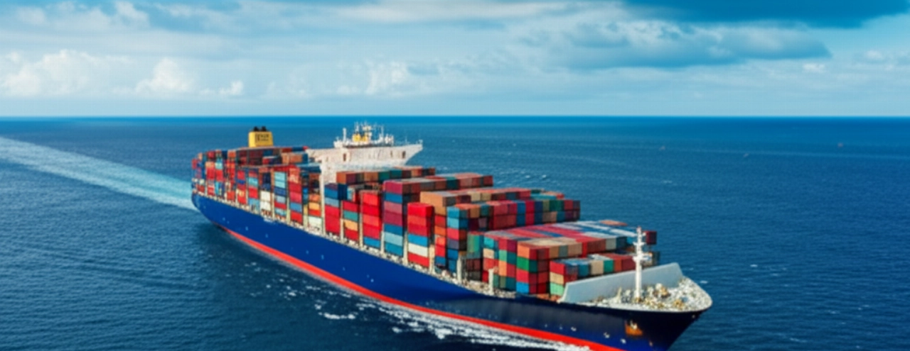 A gigantic cargo ship loaded with containers crosses a vast ocean, symbolizing the long journeys of international moves between Italy and South America.