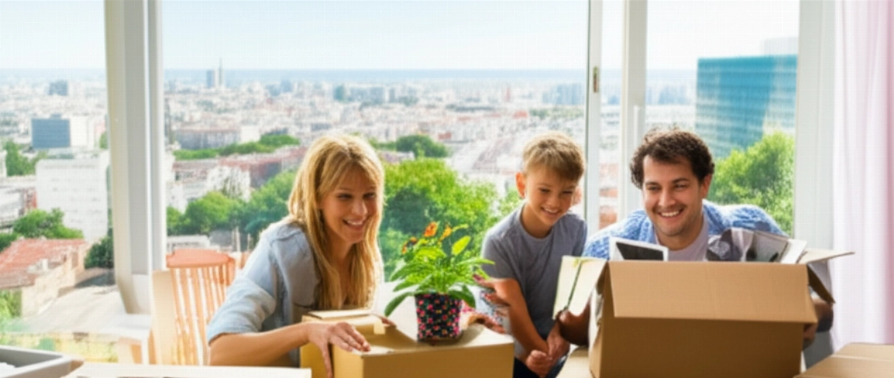 A Caucasian family smiles as they unpack boxes in a new home in South America, with a vibrant city view through the window, celebrating a new beginning.