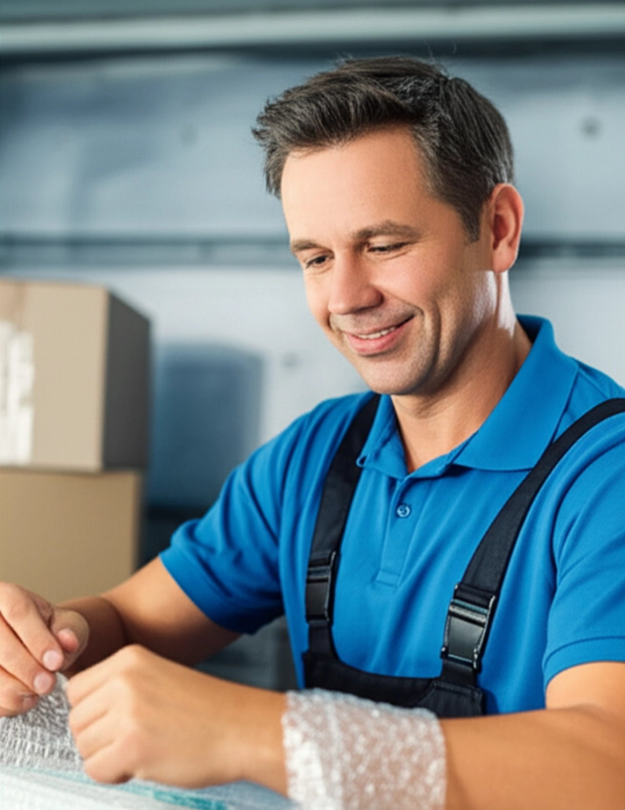 Professional Caucasian mover with a reassuring smile carefully wrapping a delicate item, in an organized moving environment.