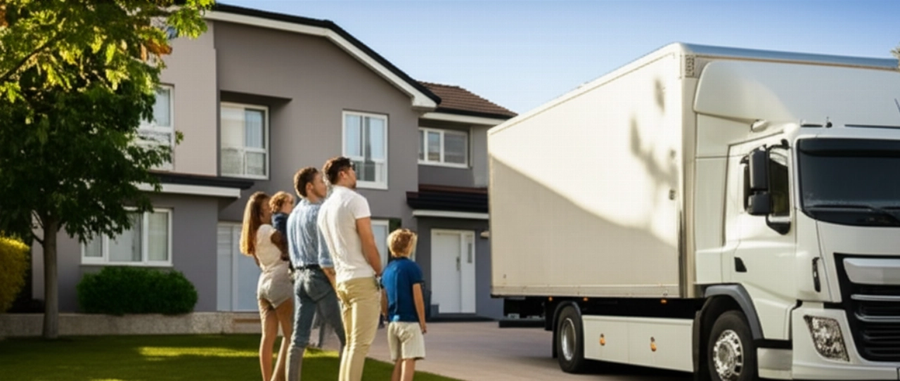 Serene and content Caucasian family observing a modern moving truck parked in front of their new home, at sunset.