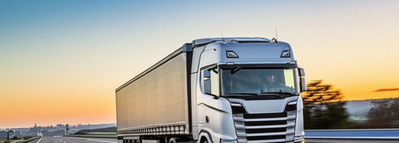 A modern moving truck traveling on a European highway at dawn, with landscapes suggesting the route between Milan and Basel.
