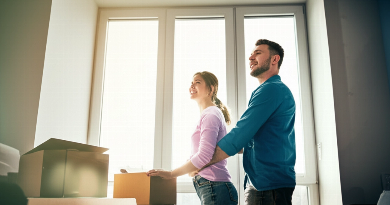 A happy Caucasian couple smiles in a new, bright apartment, with partially emptied boxes suggesting a recently completed move.