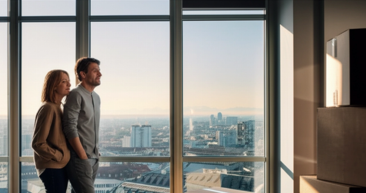 Happy Caucasian couple in a new apartment in Munich, with moving boxes, looking at the view.