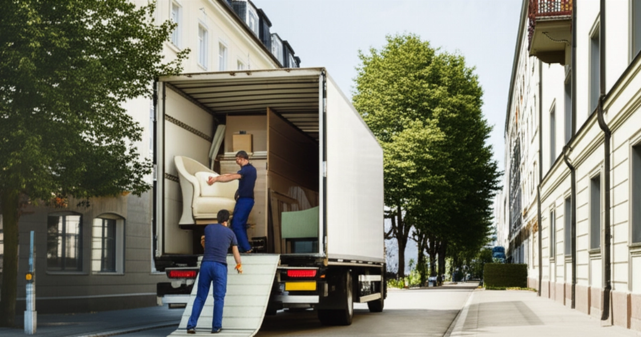 Large modern moving truck and Caucasian movers loading furniture on a Munich street.