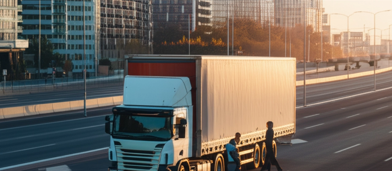 Large modern moving truck with professional Caucasian movers loading furniture, in an urban setting.