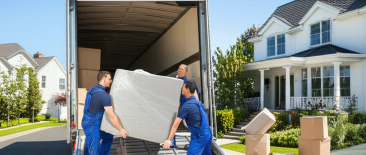 Large moving truck parked in front of a house, with Caucasian movers loading furniture.