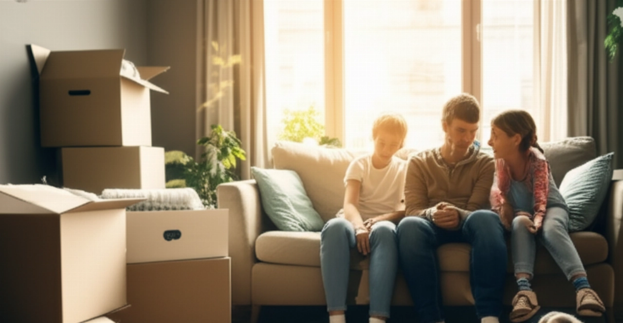 Happy and relaxed Caucasian family in their new, partially unpacked living room after a move.