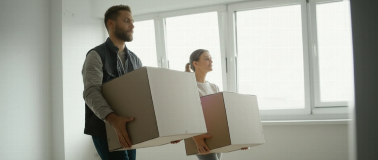 Two Caucasian people efficiently collaborate in carrying boxes into a bright new apartment, reflecting an organized and smooth move.