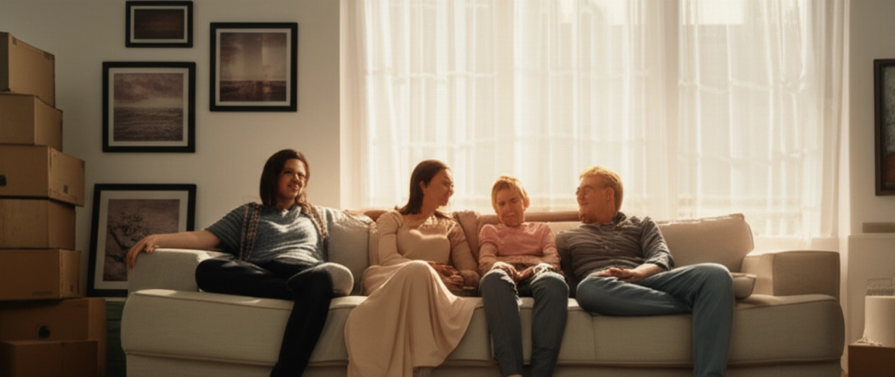 A Caucasian family happily relaxes on the sofa in their new living room, enjoying the tranquility after a successful move.