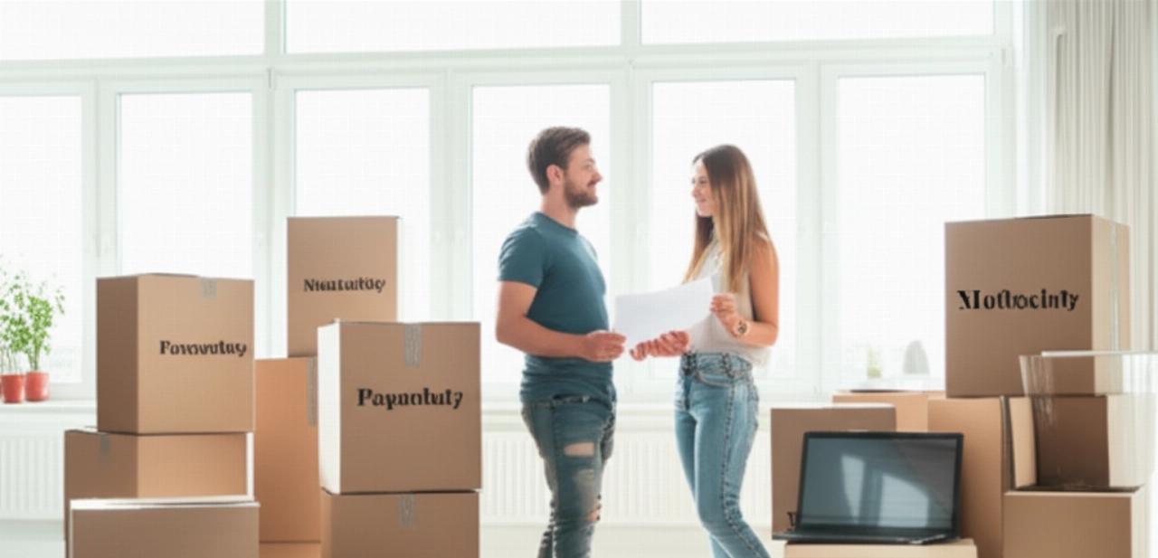 Smiling Caucasian couple among well-organized moving boxes, representing a stress-free moving start.
