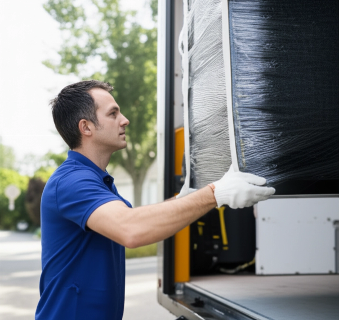 Professional Caucasian mover loading furniture onto a truck, highlighting reliability and quality service.