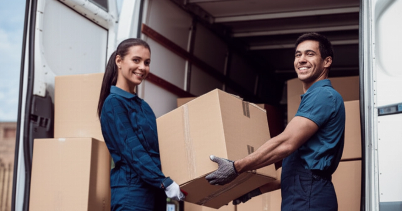 Professional Caucasian movers efficiently loading boxes into a modern truck, symbolizing an organized and valuable moving service.