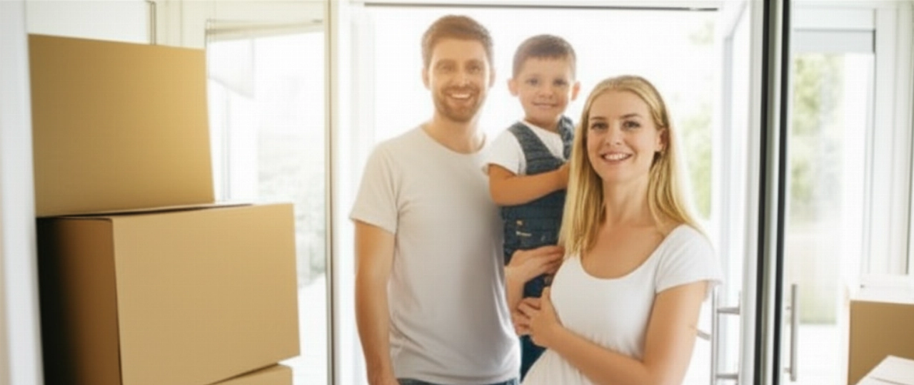 Happy Caucasian family at the doorway of their bright new home, with neatly arranged moving boxes, symbolizing a successful and stress-free relocation.