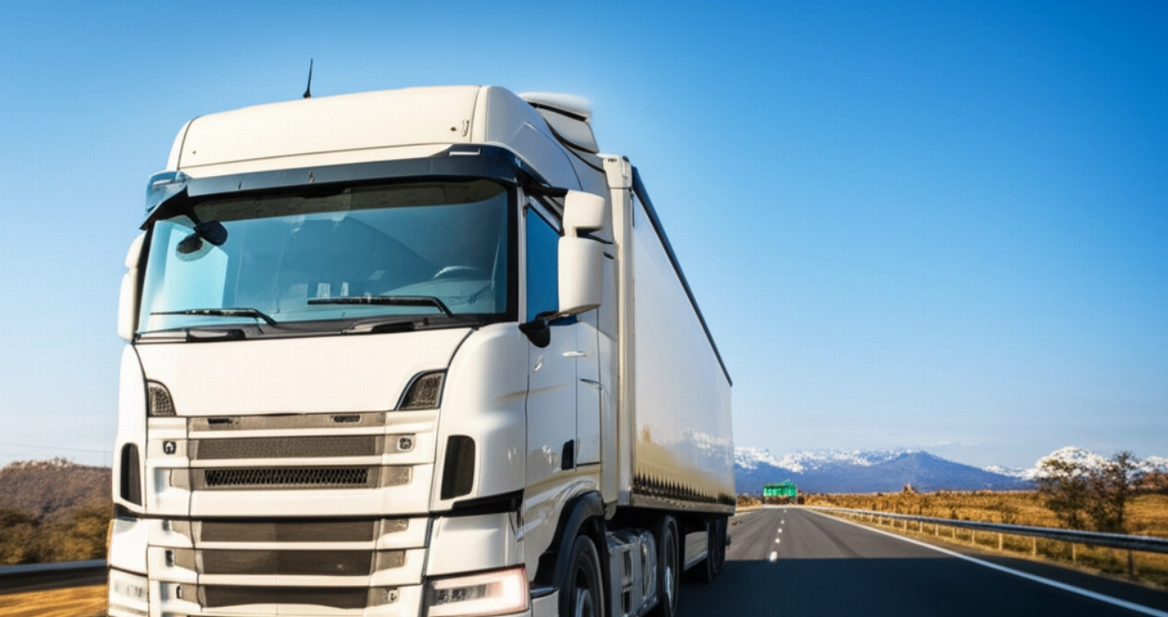 A modern, logo-free moving truck travels on a well-maintained European highway, with a landscape fading from hills to distant mountains under a clear sky.