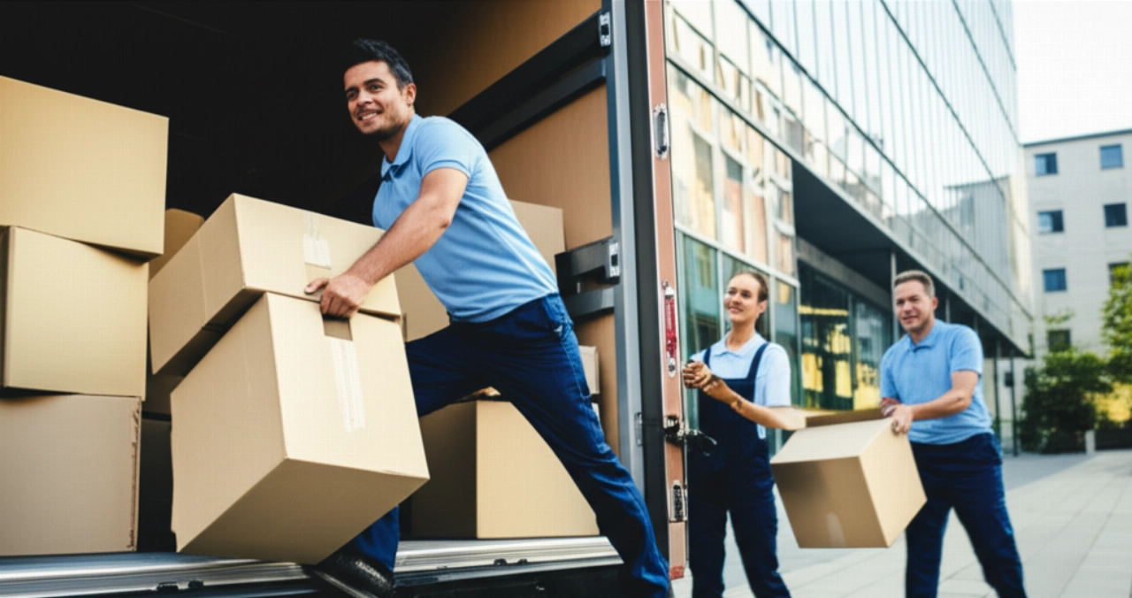 Two Caucasian movers efficiently unload labeled boxes from a logo-free truck in front of a modern building in a European city reminiscent of Basel.