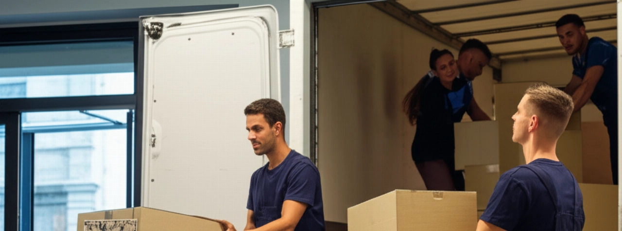 Team of professional Caucasian movers loading boxes into a truck, with a background suggesting Rome and Brussels.