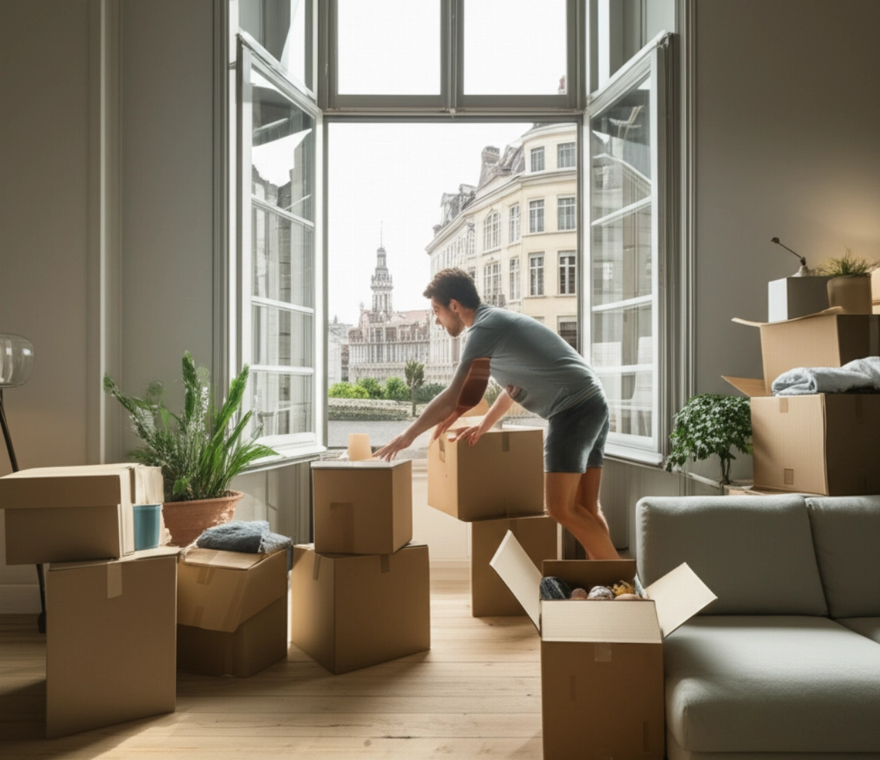 Caucasian person unpacking boxes in a modern living room in Brussels, with a city view.