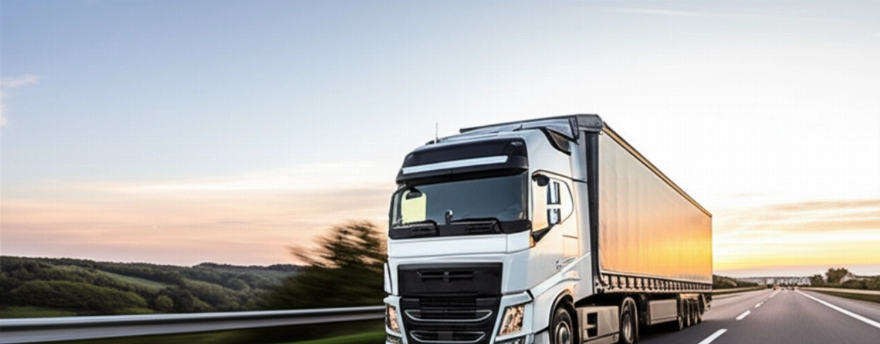A modern moving truck travels on a European highway at sunset, symbolizing an efficient journey between Rome and Dusseldorf.