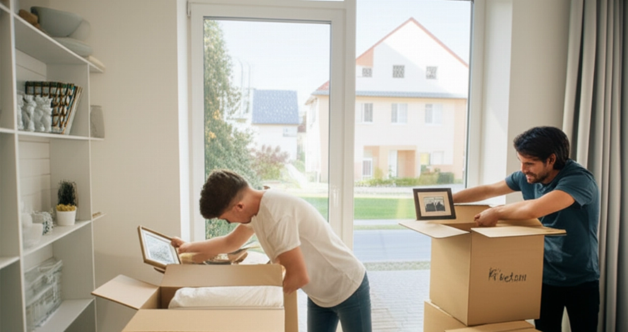 A Caucasian couple carefully unpacks boxes in a bright, modern living room, symbolizing the joy of a new beginning after an international move.