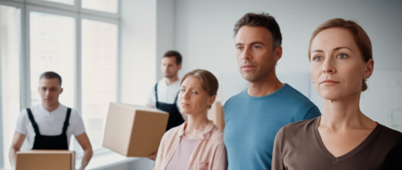 A happy and relieved Caucasian couple watches professional movers load boxes into a bright modern apartment, symbolizing a stress-free move.