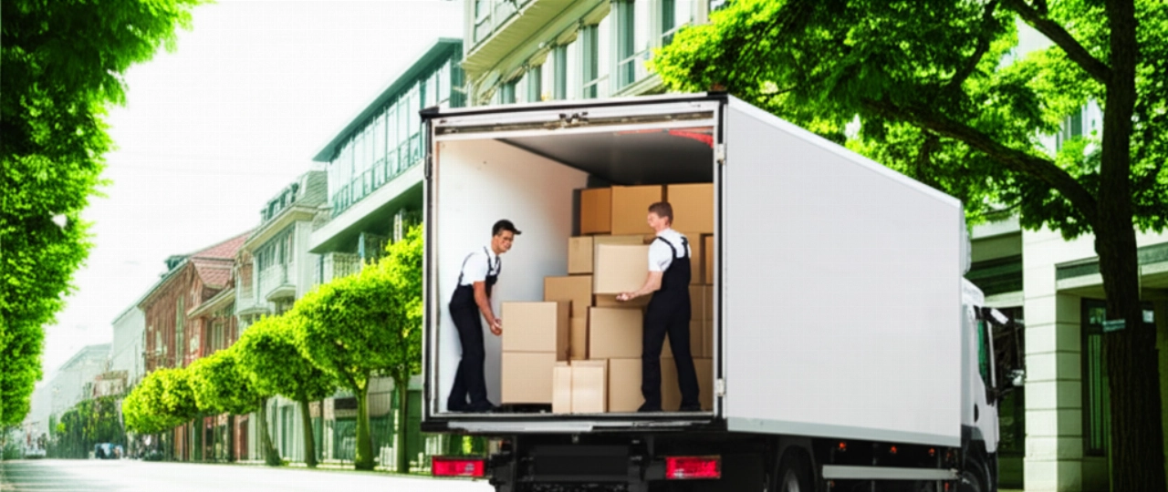 Professional Caucasian movers unload boxes from a truck onto a clean Zurich street, with modern architecture in the background, symbolizing an efficient arrival.