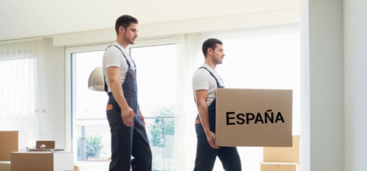 Two professional Caucasian movers carefully carrying a box labeled "España" from a modern living room.