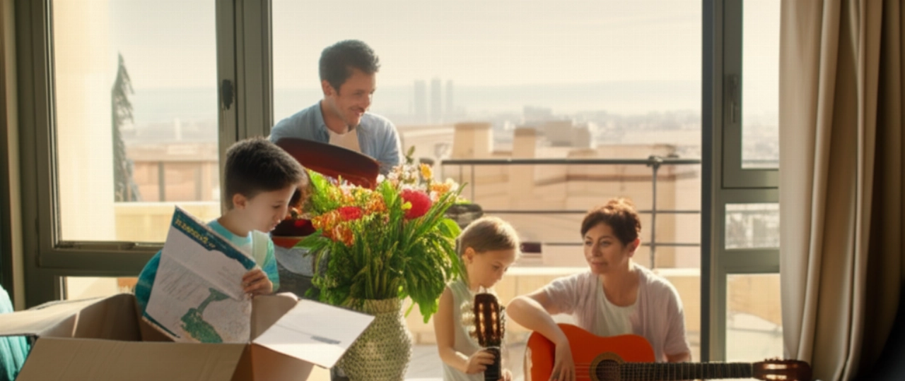 Happy Caucasian family unpacking boxes in a bright modern apartment in Spain, with a view of a Spanish city or the sea.